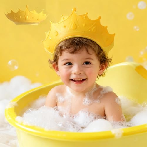 Norhogo Duschhaube Kinder, Haarwaschhilfe Kinder, kinder haare waschen schutz, Kinder Baby Verstellbare Krone Shampoo Schutz augenschutz haare waschen für Augen, Ohren und Gesicht, Gelb