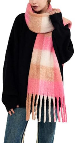 OUNIYA Grande écharpe à carreaux colorés surdimensionnés épais et doux en laine cachemire pour l'hiver chaud pour femme, Rose layette uni, Large
