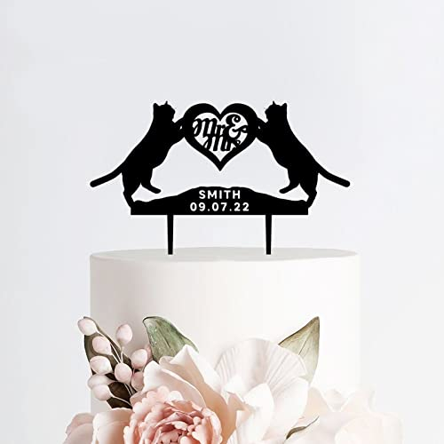 Personalisierte Hochzeitstorten-Topper aus Acryl, personalisierbar, für Paare, Katzen, Mr & Mrs, schwarzer Kuchenaufsatz, Figuren, Kuchendekoration, Topper für Hochzeit, Verlobung, Jahrestag, style368