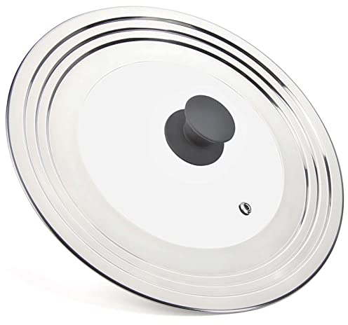 WishDirect Tapa Universal Para 21 – 31 cm Sartenes, Ollas, Cacerolas y Woks, Tapa de Cristal con Borde de Acero Inoxidable, Cubierta Universal de Ollas con Mango de Silicona Resistente al Calor, Gris