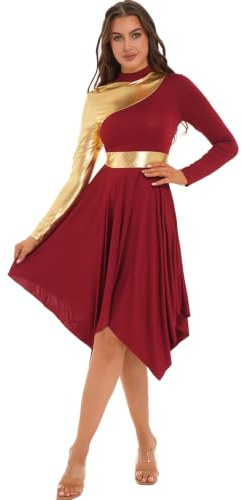 inlzdz Tanzkleid Damen Eiskunstlauf-Kleid Langarm Asymmetrischer Saum Kleider Ballettkleid Ballettkleidung Turnanzug Tanzkostüm für Abschlussball
