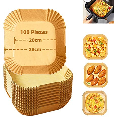 Papel para Freidora de Aire, 100 Piezas 20cm Papel Horno Cuadrado para 5-6L Freidora de Aire, Papel de Pergamino Antiadherente para Freír, Hornear, Cocinar, Asar y a Prueba de Aceite