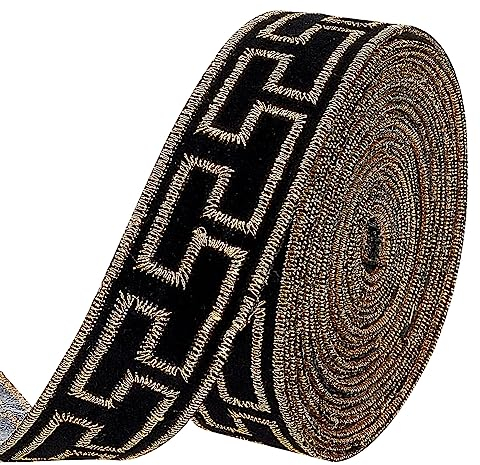 FINGERINSPIRE 3.9 m X 23 mm Vintage Jacquardband Zum Aufbügeln Besticktes Band Schwarz Goldenes Blumenmuster Stoffbesatz Ethnischer Bandbesatz Stickerei Gewebtes Nähband Für Kleidungsdekoration