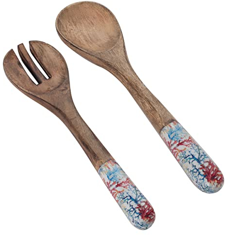 ROCKING GIFTS Set de x2 Cubiertos para Servir Ensalada de Madera Marrón con Mango de Cerámica Decoración Coral Marino, Cuchara y Tenedor Grande, Utensilios de Cocina para Casa de Playa, 34 cm