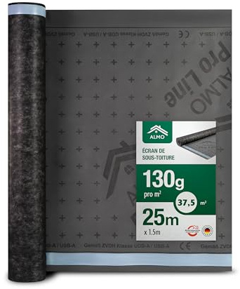 ALMO Écran de sous-toiture ouvert à la diffusion UV 37,5m² (1,5m x 25m), écran pare pluie pour façade, 130g/m², lé de sous-toiture, hydrofuge & résistant aux UV avec joint autocollant intégré