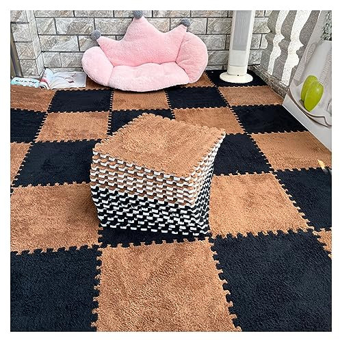 12pcs - Tapis De Sol en Mousse De Puzzle en Peluche - Carreaux De Moquette Emboîtables - Tapis De Puzzle Moelleux pour Sol, Carreaux De Sol en Mousse De 12 X 12 Pouces(Color:Café+Noir)