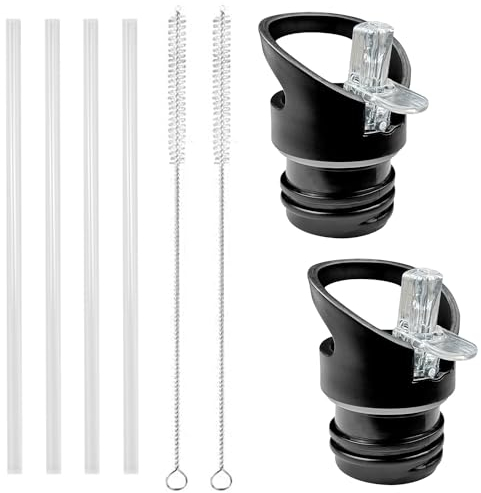 2 Pièces Bouchon Gourde, Bouchon Gourde Isotherme avec Paille et Brosse Nettoyage, Durable Bouteille Couvercle Paille, Noir Couvercle à Paille Rechange Compatible avec Plupart Bouteilles D'eau