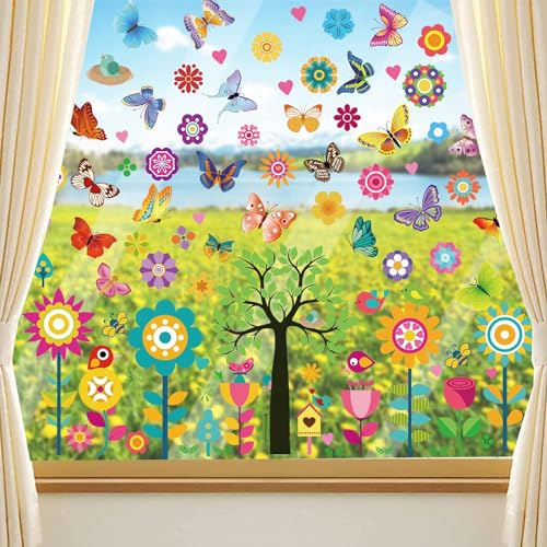 9 Blätter Fensterbilder Frühling Selbstklebend – Wiederverwendbare Ostern Fensteraufkleber mit Schmetterlingen, Blumen, Vögeln und Bäumen für Fensterdeko, Kinderzimmer & Party Zubehör