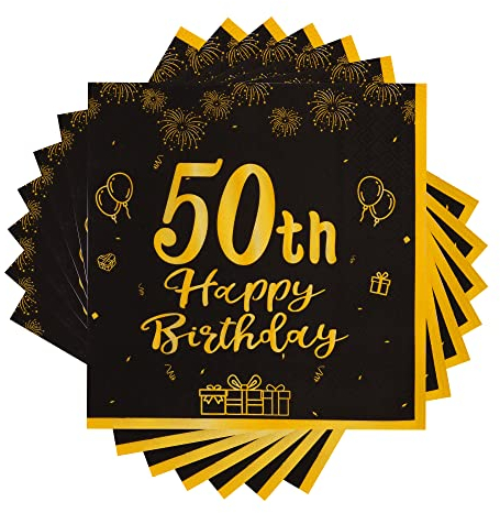TOPWAYS 50 Geburtstagsdeko Servietten, Schwarz Gold Papier Party Servietten, Happy Birthday 50 Mann Frau Happy Birthday Servietten Decorations 60 Stück (50 geburtstag)