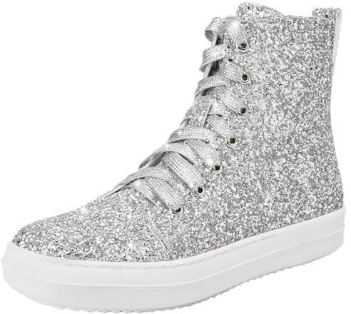 UBWDU Damen High Top Glitzer Tennis Sneaker Plateau Sneaker mit Reißverschluss Strass Bling Hochzeit Brautschuhe Glänzende Pailletten Schuhe, silber, 39 EU