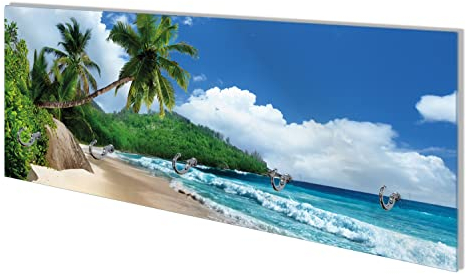 Wallario Wandgarderobe aus Glas in Größe 80 x 30 cm mit Memoboard-Funktion, Motiv: Urlaub auf den Seychellen unter Palmen am Sandstrand | 5 Kleiderhaken zum Aufhängen von Jacken