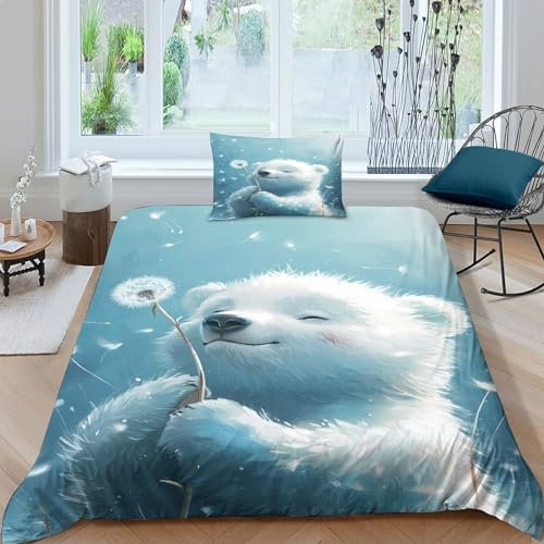 VesFy 3D Cartoon Eisbär Druck Bettwäsche Bettbezug Set Mikrofaser Kissenbezug Kunst-Tiere Bettdecke Decken 2 Teilig Mit Reißveschluss Für Jugendliche Kinder Schlafzimmer Single（135x200cm）