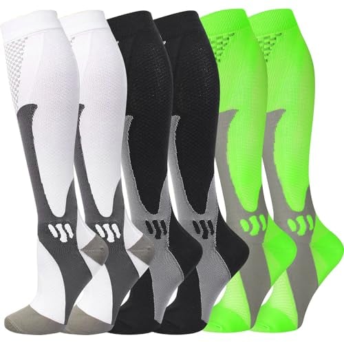 Kompressionssocken (3 Paar) für Männer Zirkulation 20-30mmHg Medizinische Kompressionsstrümpfe Frauen Stillen (Schwarz + Weiß + Grün, L-XL)