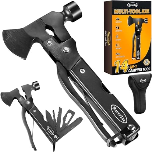 RoverTac Multitool Axt Beil Campingausrüstung Werkzeug Geschenke für Männer Dad Ihn 14-in-1 Multi Tool Messer Hammer Zange Säge Schraubendreher Flaschenöffner Nylonscheide
