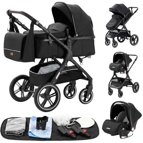 GLOKID Poussette 3 en 1，Poussette Canne，Trio，Avec Siège Accessoires，Adaptateurs Universels，Landau Bébé jusqu'à 25 kg，4 roues avec amortisseurs，Nacelle，Grandes Roues，pliage d'un clic (X1 Noir)