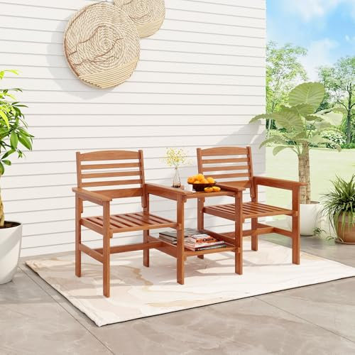 GIANTEX Gartenbank Holz mit Tisch, Holzbank 2 Sitzer mit Schirmloch, Friesenbank Sitzbank Kinobank für Garten und Balkon, Terrassenbank für Balkon Garten Terrasse, 159,5 x 61,5 x 88 cm
