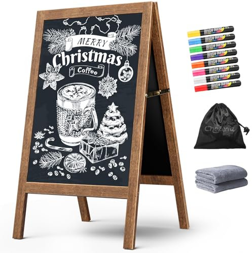 Chezerra A Frame Chalkboard Sign, 40x20 Extra Large Sidewalk Chalk Board, Wooden Standing ChalkBoards Set with Markers, Double-Sided Magnetic Blackboard for Cafés, Weddings, Party Guide, Brown