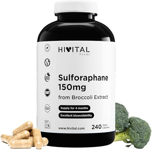 Sulforaphan 150 mg. 240 vegane Kapseln für eine 4-monatige Kur. | Natürlicher Brokkoliextrakt, 10:1 konzentriert, 10% Sulforaphan, liefert 150 mg Sulforaphan. Hergestellt von HIVITAL