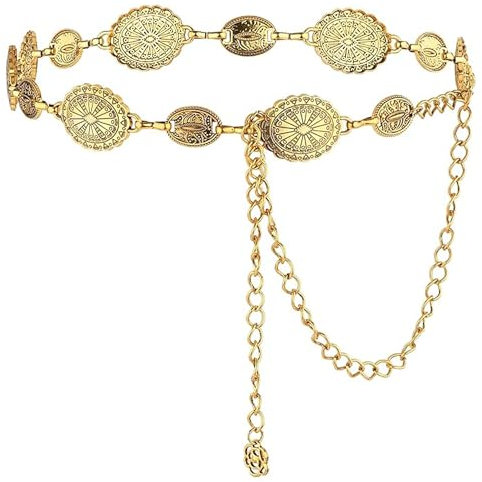 Wenyue Western-Metallgürtel Cowgirl Boho Gürtel Kettengürtel Langer Gürtel mit Metallschnalle Verstellbarer Damen-Kettengürtel Taillenkette Modegürtel Taillenkette, Hüftkette passend für Kleider
