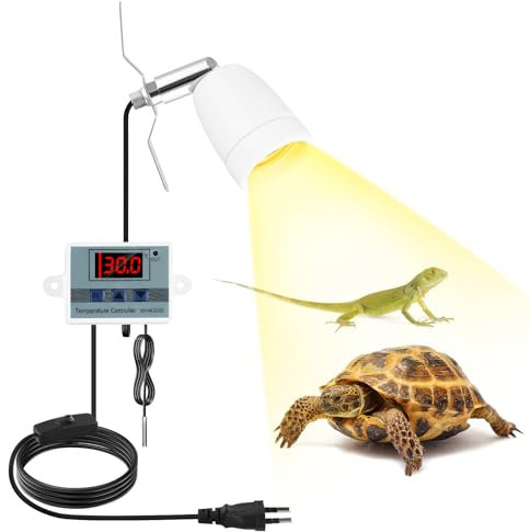 ExKeen Reptile Ceramic Heat Lamp Holder,E27 200w Dimmable Reptile Heat Spotlight,Pet Heater Bracket with Smart Thermostat for Snake, Turtle, Lizard and Other Reptile(No Bulb