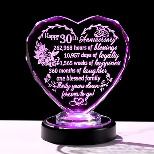 30th Wedding Anniversary Heart Gifts for Wife Her, Happy 30 Years Anniversary Wedding Glass Heart Keepsake with LED Light Wedding Presents for Parents Friends Women