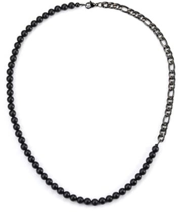 PiercingJak Schwarz Achat Perlenkette für Herren Halskette Kristall Edelstein Kette Edelstahlkette Gliederkette Panzerkette Männer Kristallkette Schlichte Charms Schmuck Geburtstag Geschenk für Mann
