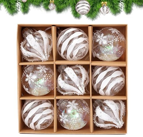 9-teiliges Weihnachtskugel-Ornament-Set, bruchsichere Kugeln für Weihnachtsbaum, transparenter Glitzer, hängende Dekorationen mit Schnüren, für Urlaub, Hochzeit, Party (weiß)