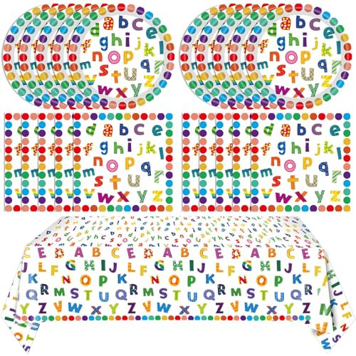 41Pcs Colorful ABC Birthday Party Decorations Alphabet Colorful Party Supplies ABC Rainbow Dots Plates Napkins Tablecloth丨Kids Birthday Educations Party Classroom First Day School Party,Serv 20