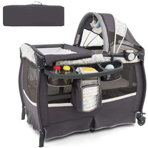 COSTWAY Cuna Bebe Portátil 4 en 1, Cuna de Viaje y Parque Infantil con Cuna, Colchón, Cambiador, Caja de Música, Dosel Ajustable, Estante de Almacenamiento, Bolsa de Viaje (Gris+Hojas)