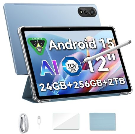 Blackview Mega2 Android 15 Tablet 12 Zoll,24GB RAM+256GB ROM(2TB TF),2K FHD Großes Display Gaming Tablets,Dual 4G LTE+5G WiFi,Octa Core T615,9000 mAh Akuu,WideVine L1/Dual Kamera/Face ID/GPS/PC/Hülle