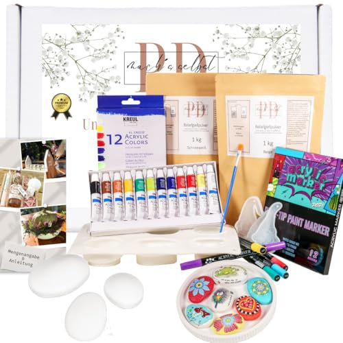 Premium Steine bemalen & Gießen Set | 2kg Gießpulver für Wichtel & Kieselsteine | Acrylfarben & Marker | Kreatives DIY Starterset für die ganze Familie – Ideal für Erwachsene & Kindergeburtstage