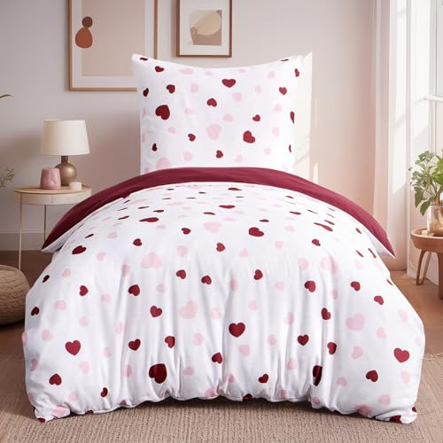 Aisbo Bettwäsche 155x220 Bettdeckenbezug - Bettwäsche Set 155 x 220 Herzen Rosa Rot Muster mit Kissenbezug 80x80 cm, Mikrofaser Bettbezug mit Reißverschluss, Bügelfrei und Weich