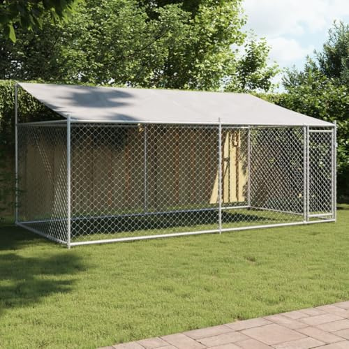 Gecheer Jaula de Perros Techo y Puerta Acero galvanizado Gris 4x2x2 m,Cercado para Perros Perrera Gallinas,Caseta para Perros Mascotas Animales Perro Grande Exterior