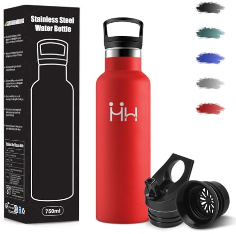 Gourde, 500 ml Sans BPA, Gourde Isotherme, 18/8 Acier Inoxydable, Bouteille d'eau, Bouteille Avec Paille et 2 Couvercles, Bouteille Isotherme pour École, Yoga, Escalade En Montagne - Rouge