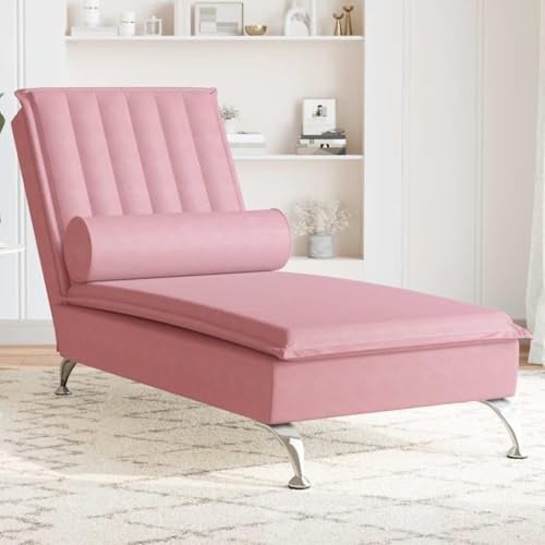 Teenpull Massage-Chaiselongue mit Nackenrolle Rosa Samt Polsterliege für Wohnzimmer, Relaxliege mit Metallbeinen und Sperrholzlatten, kompakte Loungeliege für Entspannung in Leseecke und Schlafzimmer