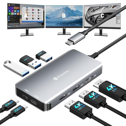 Reborn USB-C Docking Station Dual Monitor Adapter, Laptop Docking Station 3 Monitors Triple Display USBC Hub Dongle to 4K60Hz HDMI+DP,3 USB3.0,100W PD,USB C Data,8-in-1 Dock for Dell,HP,Lenovo,Surface