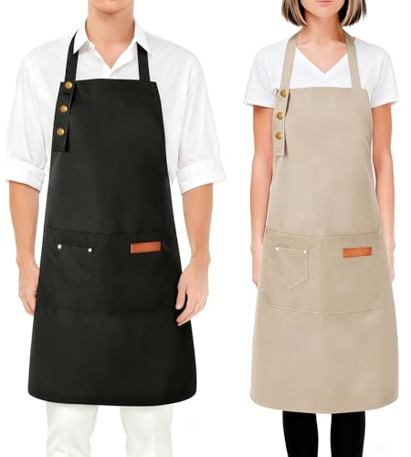 VOSSOT 2 Stück Kochschürze Damen & Herren Mit Taschen, Verstellbare Canvas Schürze Damen, Schwarz & Khaki Küchenschürze, Verschleißfest Waschbar Kittelschürze Für Café, Küche, Grill & Handwerk