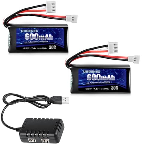 URGENEX FCX24 Battery 7.4V Lipos 2S 30C 600mAh Rechargeable Lithium Battery with Molex Plug Compatible with FMS RC Car and Most 1/10, 1/16, 1/18, 1/24 Scale RC Cars Trucks with 1TO2 USB Charger