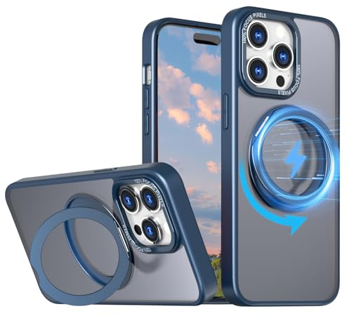 XKchatpt Mag-Stand 360° Rotatable Ring Magnetic Case for iPhone 15 ProMax;［Supports wireless charging］Transparent Hard Silicone Shockproof Cover with Ring Holder for iPhone 15 ProMax(Blue)