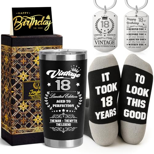 Joybble 18th Birthday Gifts for Boys, Unusual Gifts Ideas for 18 Year Old Boy, 18th Birthday Presents Decoration, 20oz Stainless Steel Travel Tumbler Gift Set for Son, Novelty Socks& Kerings for Him