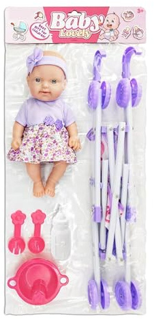 Puppenwagen | Puppenwagen Set | Puppen-Set mit Fütterungszubehör | 10-Zoll-Puppenwagen, Kinderwagen, Kinderwagen