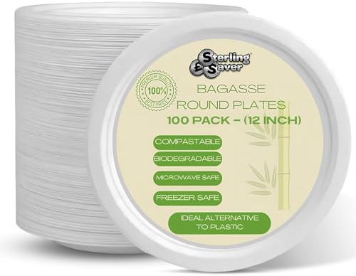 Sterling Saver Super Strong White Paper Plate 12 Inch 100 Pack for Party and Everyday Use | Bagasse Disposable Plates for Dinner and Lunch | Biodegradable and Compostable Eco Friendly Paper Plates