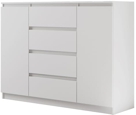 BEAUTY SOFA Kommode mit 4 Schubladen & 2 Türen, Sideboard Weiß Matt in Holzoptik, Wohnzimmerkommode & Schranksystem für Flur, Modell Lemon, 120x78x39 cm