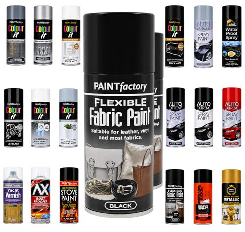 VR ANGLE 2 x PAINTfactory Black Fabric Paint Spray 150ml, Flexible Fabric & Leather Paint for Upholstery, Clothing, Vinyl, Shoes, Bags & Crafts, Quick Drying Aerosol Fabric Colour Restorer