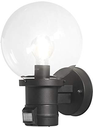 Konstsmide 7321-750 Outside Lighting Nemi Up Sensor Outdoor Wall Light/PIR Sensor-Motion Detector/1 x 60 W E27 Max Wall Lamp/Clear Glass Globe/Plastic/IP44/Outside Light Black, 31.0 cm*21.5 cm*20.0 cm