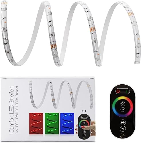 LED Universum 10 Meter Comfort LED Streifen Set RGB mit Netzteil, Controller & Funkfernbedienung, 30 LED/m, IP65, 12V, 5050 SMD, 7,2 W/m, für Wohn-, Schlafzimmer, Balkon, Terrasse