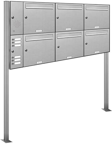 AL Briefkastensysteme 6er Edelstahl Standbriefkasten mit Klingel rostfrei als 6 Fach Briefkastenanlage in Postkasten Briefkasten Design modern