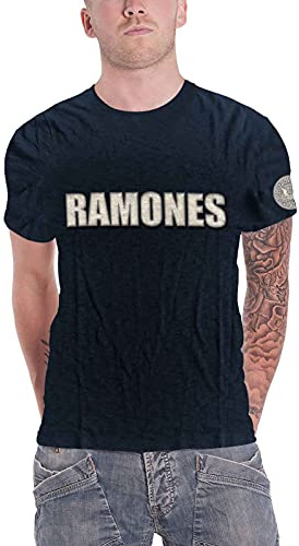 Rockoff Trade Men's Ramones Logo & Seal T-Shirt, Blue (Navy), Small (Size:Small)