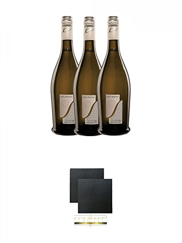 Sacchetto Silber Veneto IGT Vino Frizzante - 3 x 0,75 Liter + Schiefer Glasuntersetzer eckig ca. 9,5 cm Ø 2 Stück