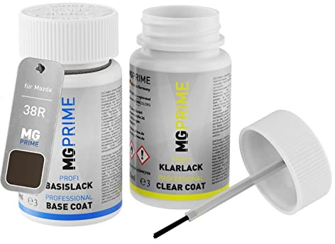 MG PRIME Autolack Lackstift für Mazda 38R Graphite Mica + Klarlack | Tritongrau Metallic, Set aus Basislack + Klarlack, Lackfläschchen mit Pinsel, je 50ml